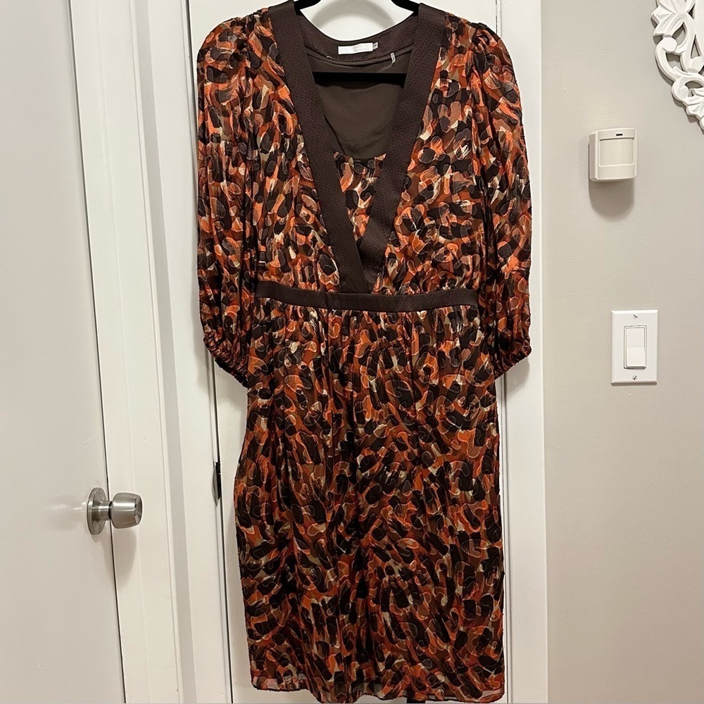 Badgley Mischka 100% Silk Orange Brown Abstract Print Dress 8 Tie Belt NWT